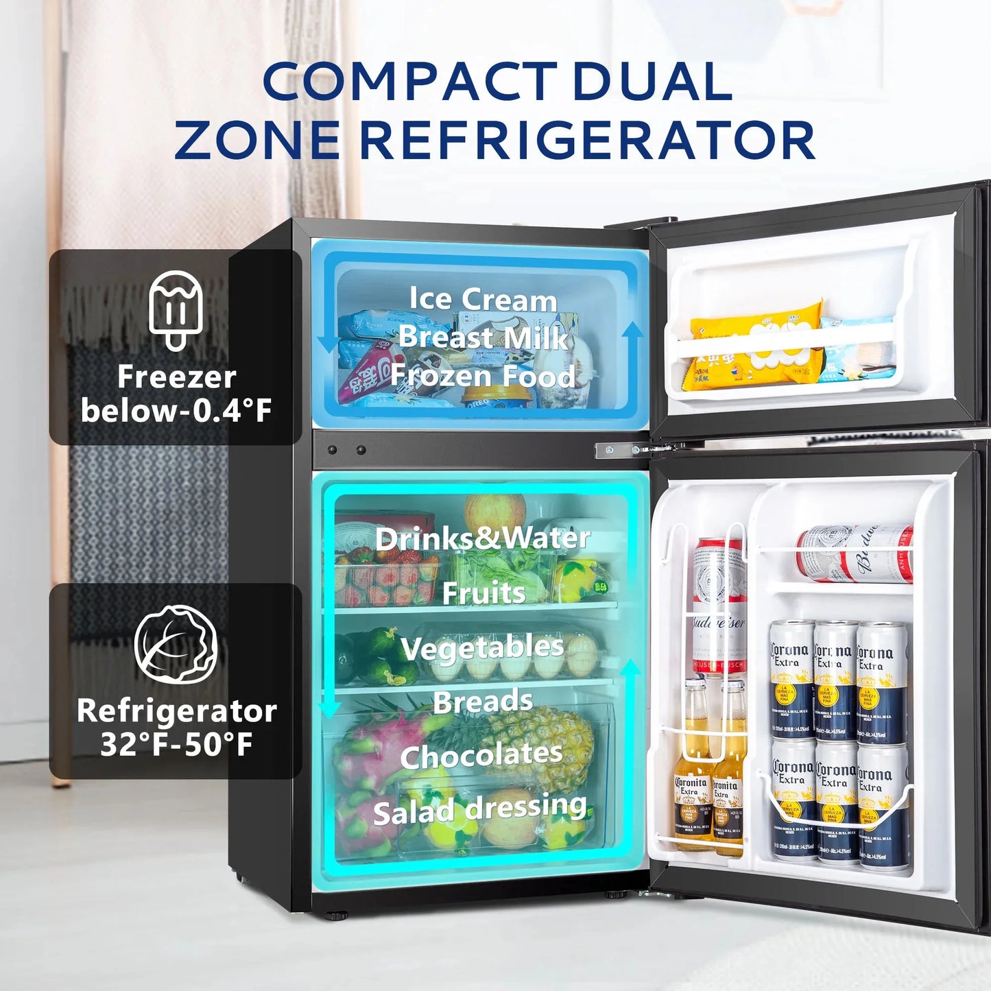 Mini Fridge with Freezer, 3.15 Cu ft Two Door Compact Small Fridge Adjustable Removable Shelves, for Dorm, Office or Family room