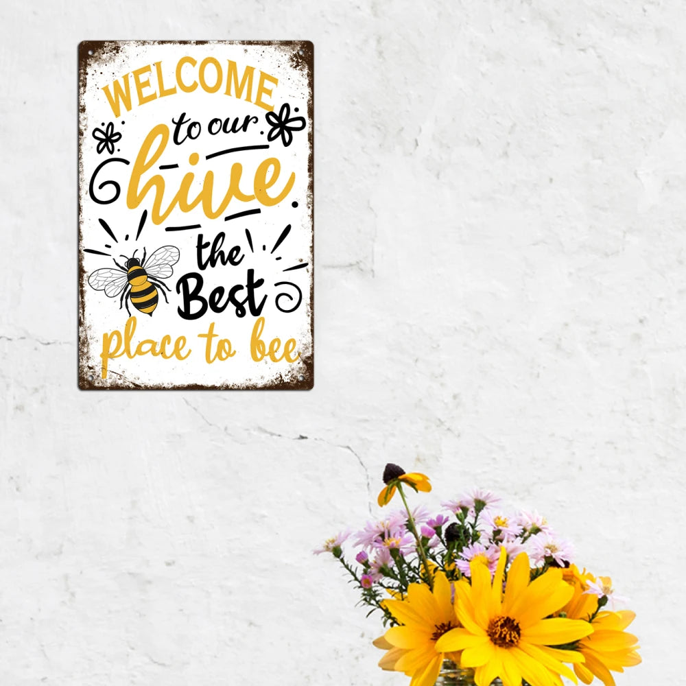 Welcome Metal Signs, Tin Plaque Painting Retro Bee Decoration Plate Iron Wall Art Decor for Home Bedroom Farm