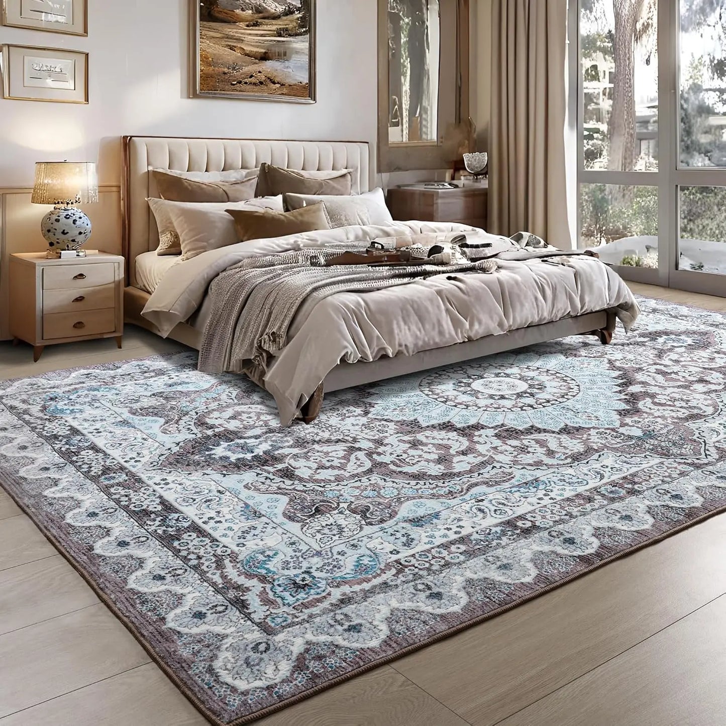 Area Rugs for most rooms in your home Machine Washable Vintage Rug, Non-Slip Low Pile Throw Rugs with Rubber Backing