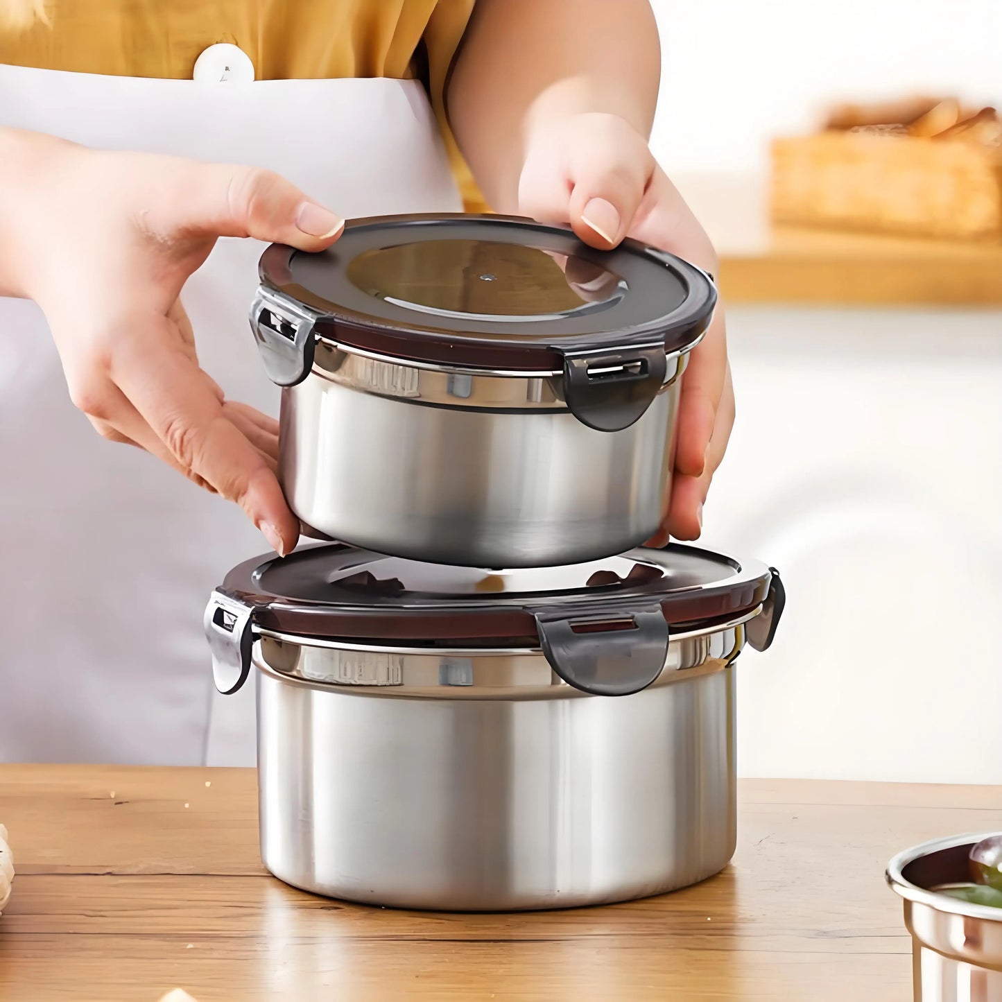Steel Meal Prep Set - 3-Piece Round Containers ✔Leakproof & Dishwasher Safe (Office/Gym FreshLock Seal)