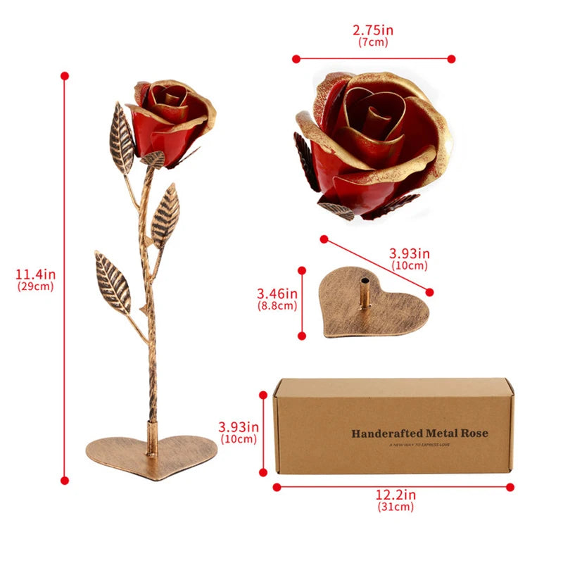 Hand-Forged Wrought Iron Red Metal Rose Romantic Everlasting Love Gift for Mother Day