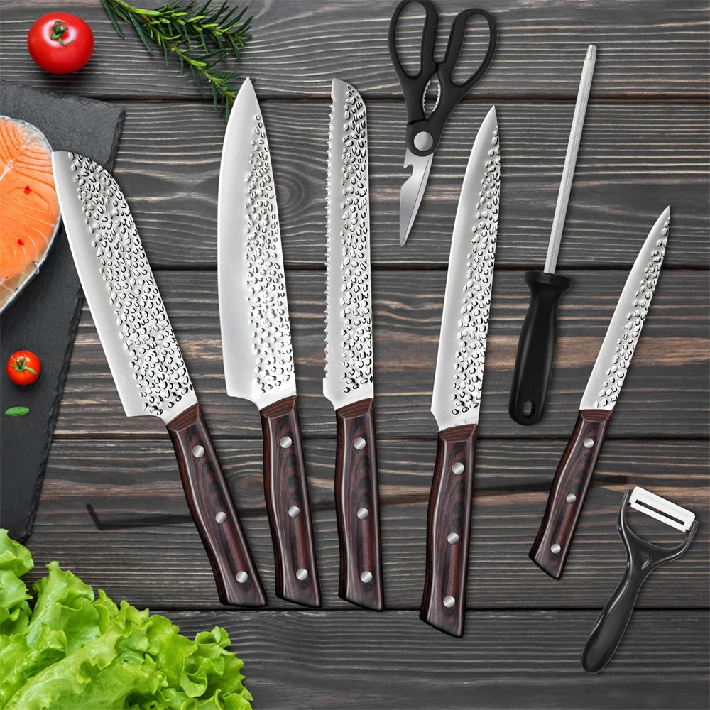 8pcs Chef Knife Kitchen Knives Set Hammer Pattern Sharp Cutting Blade Meat Salmon Slicing Knives. Great Wedding Gift