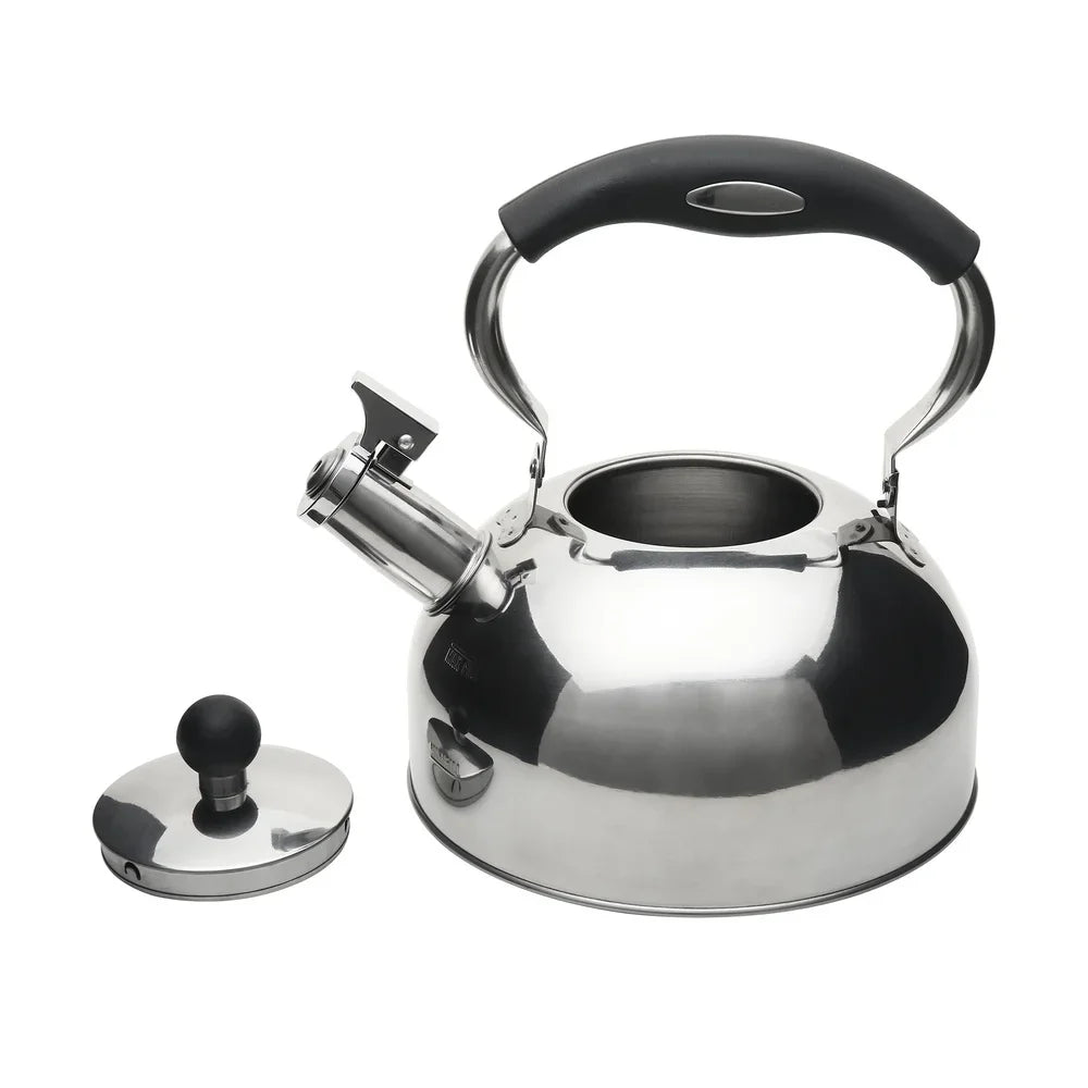 Stainless Steel Whistling Tea Kettle Induction Compatible 25L Durable Polished Kitchen Accessory Clear Fill Lines Easy Grip