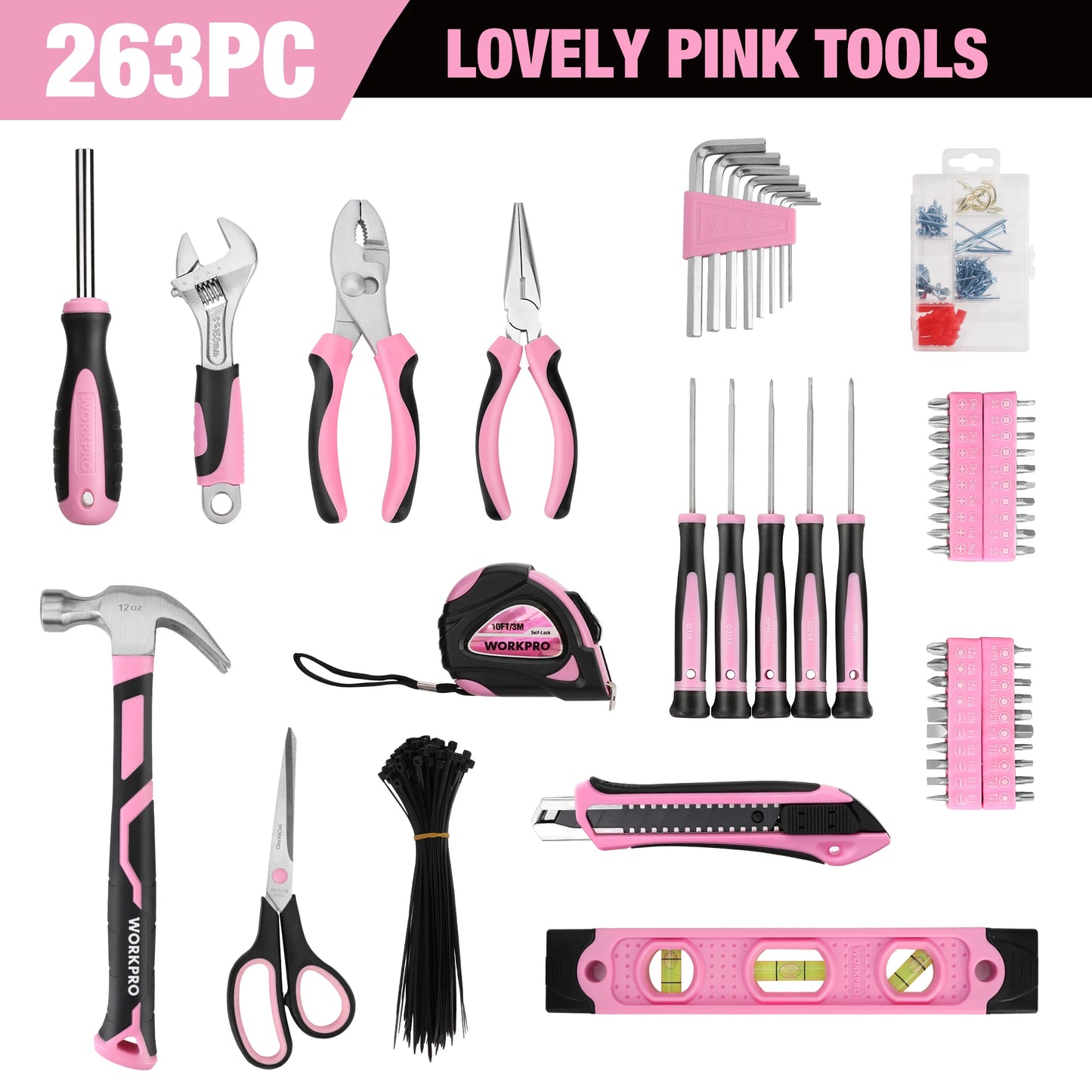 Pink Tool Kit, 263-Piece Home Repairing Tool Set with Wide Mouth Open Storage Bag, Household Tool Kit - Pink Ribbon