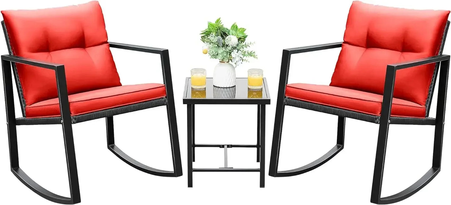 Rocking Bistro Set Patio Outdoor Furniture Porch Chairs Conversation Sets with Glass Coffee Table