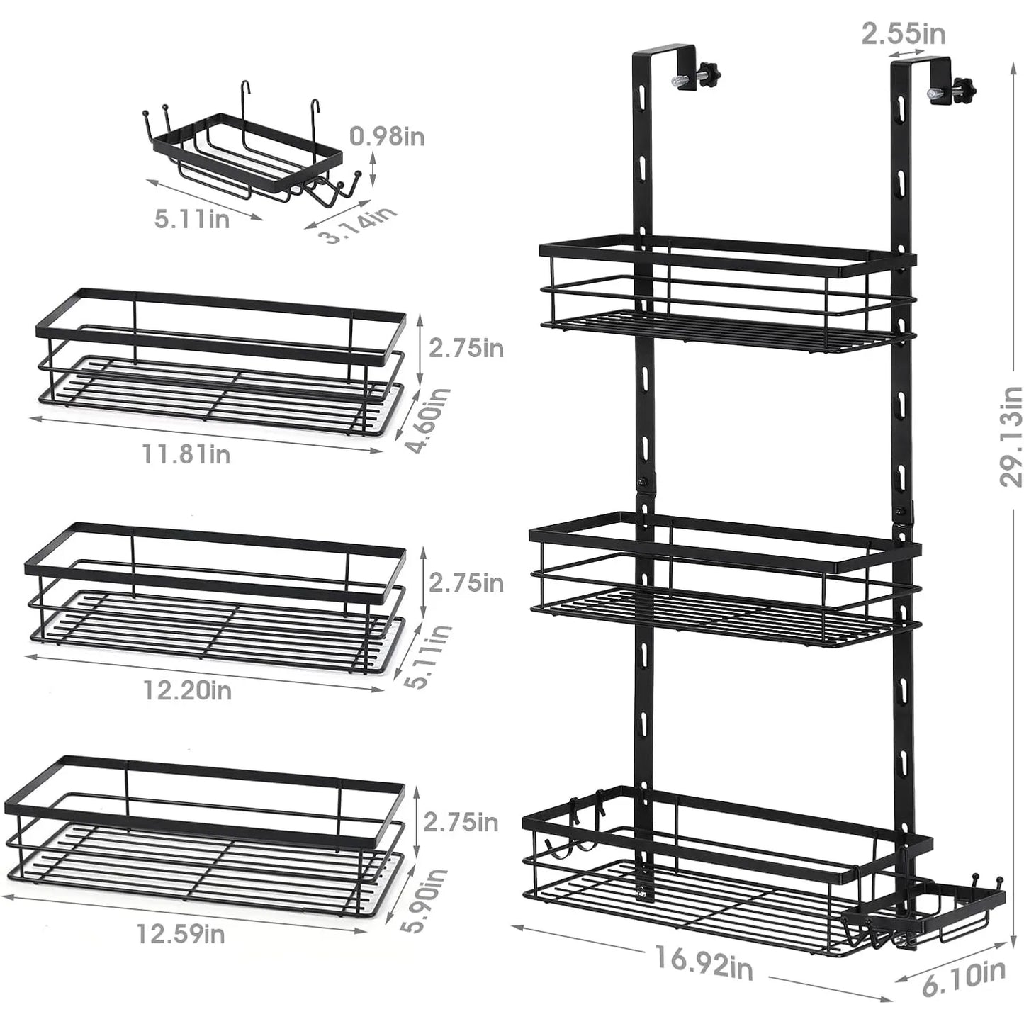 Over-Door Adjustable Rustproof Shower Caddy with Shelves & Hooks Shampoo & Soap Holder for Bathroom & Kitchen Storage - Black