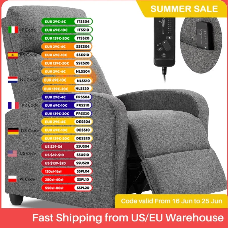 Massage Recliner Chair in Fabric Theater Lumbar Support Adjustable Modern Padded Seat Backrest Living Room Home Grey