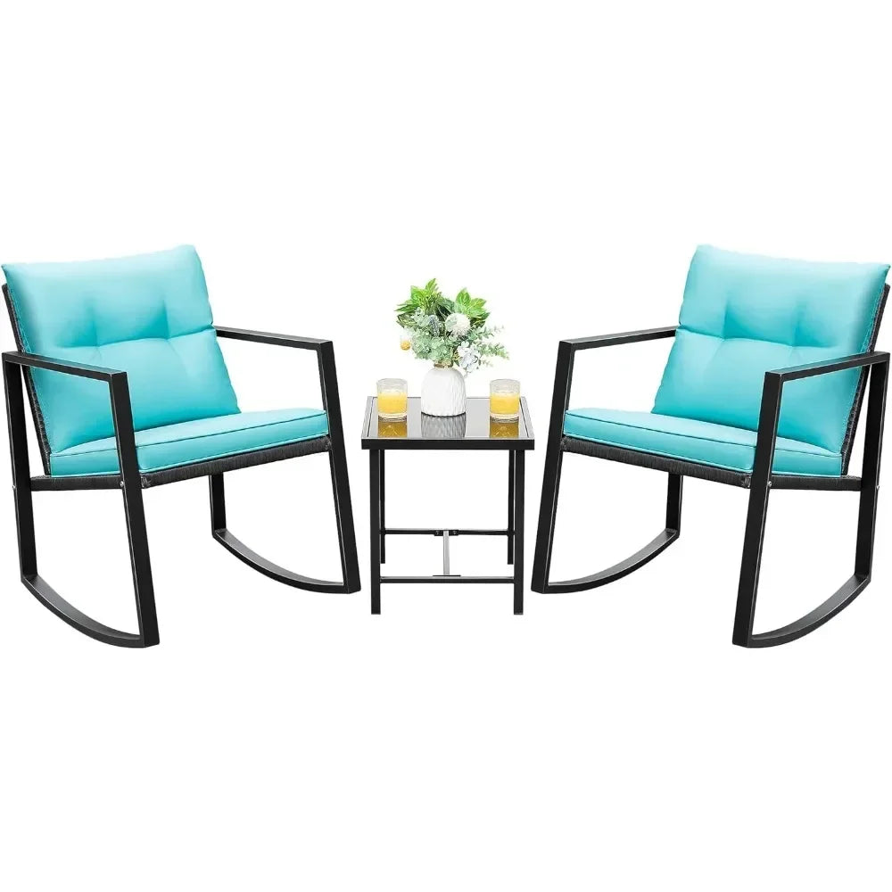Rocking Bistro Set Patio Outdoor Furniture Porch Chairs Conversation Sets with Glass Coffee Table