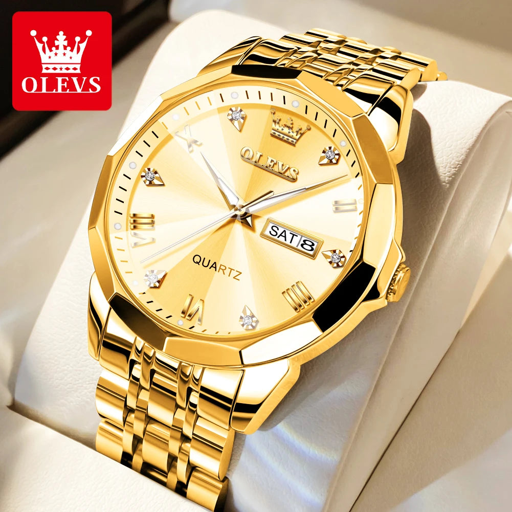 Men‘s Watches Gold Original Quartz Wristwatch Waterproof Luminous Watch for Male Rhombus Mirror Date Week Luxury Dress