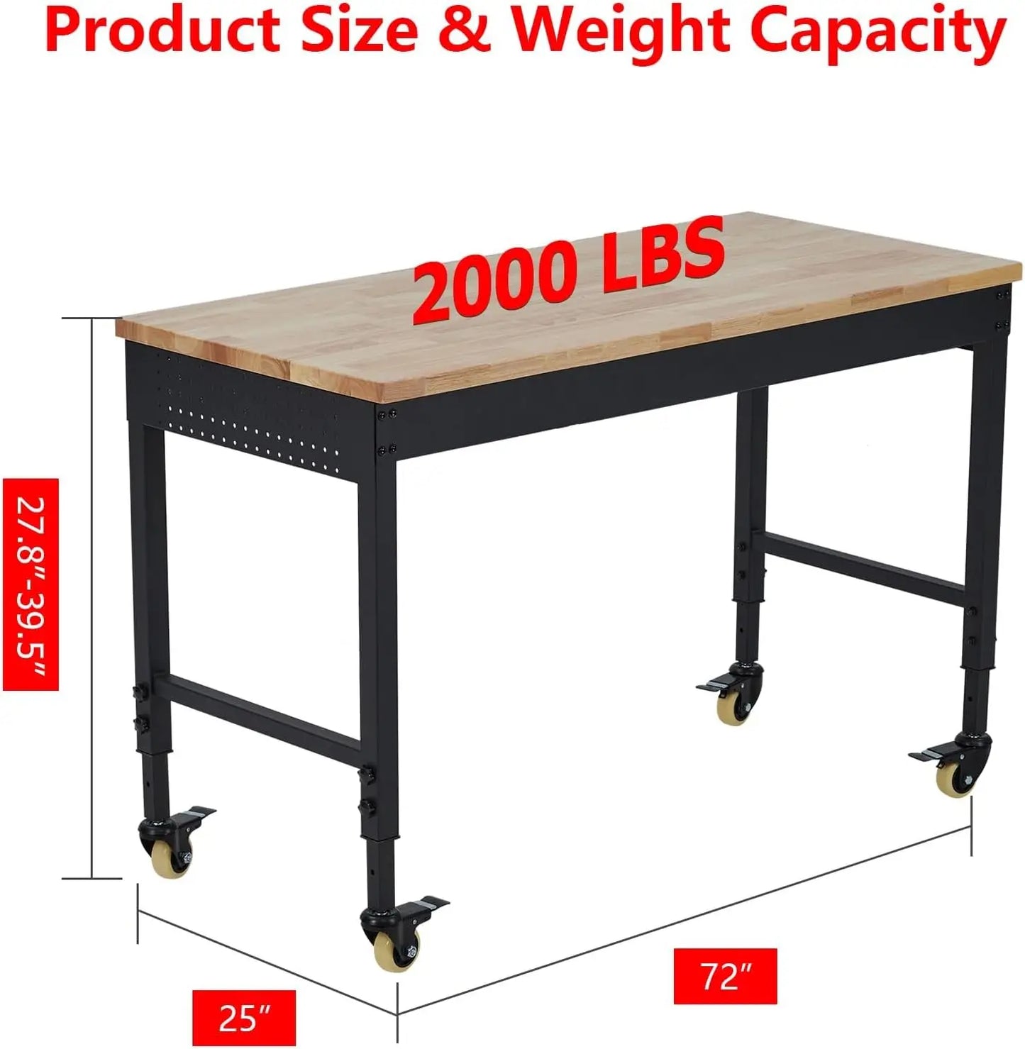Adjustable Workbench for Garage, 72" x 25" Portable Work Bench, 2000 Lbs Capacity, Rubber Wood Workstation w/ 4 Rolling Casters