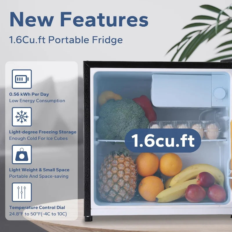 Small Refrigerator,1.6 Cu.Ft Mini Fridge With Freezer, Reversible Single Door Mini Fridge, Compact Refrigerator