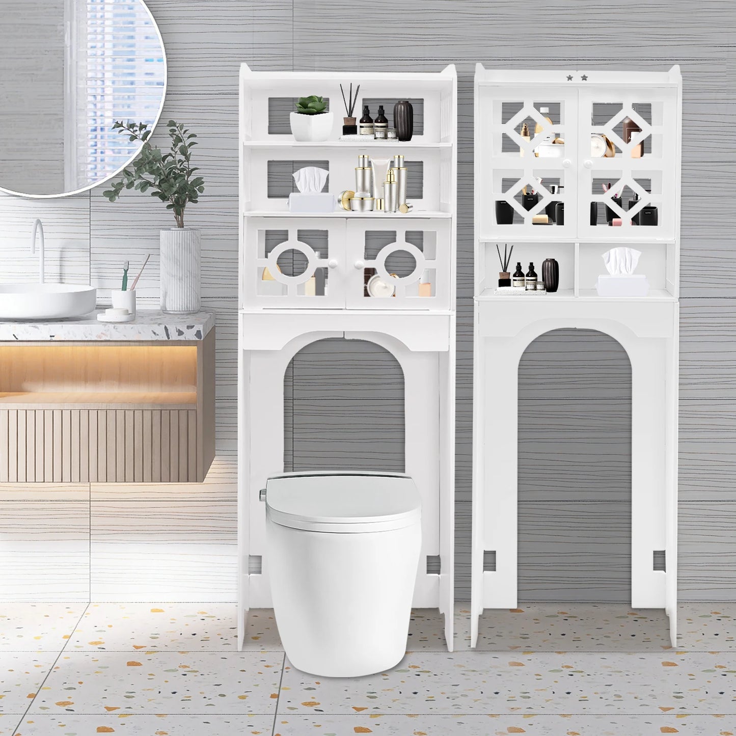 4 Tier Over the Toilet Storage Cabinet Bathroom Organizer Waterproof Raised Leg Smooth Edge Large Capacity/Easy to Install