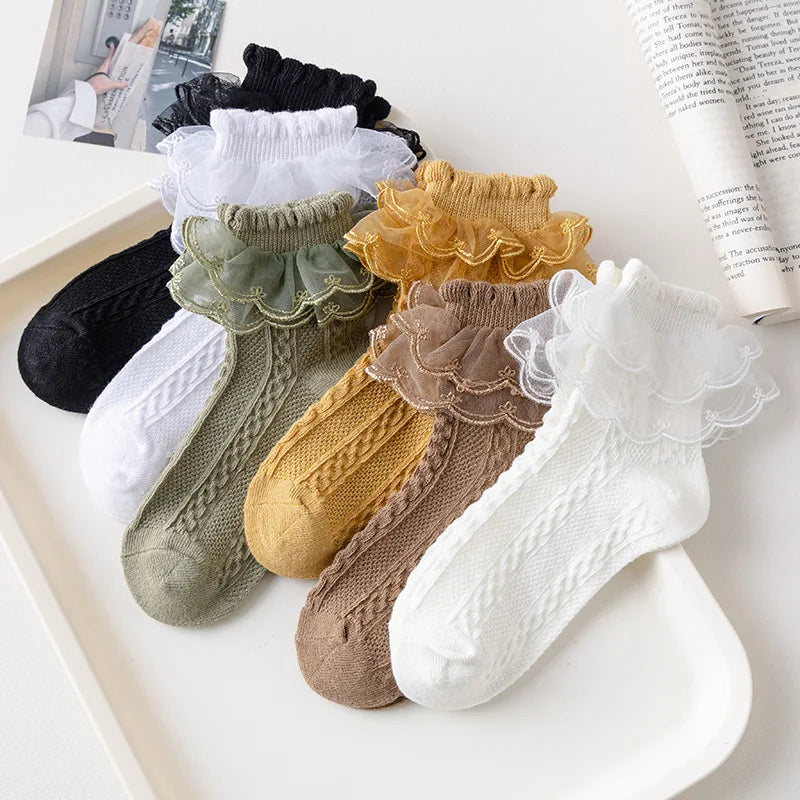 3 Pairs/Lot. Girls Ruffle Socks Frilly Lace Cotton Socks For 1-10Years