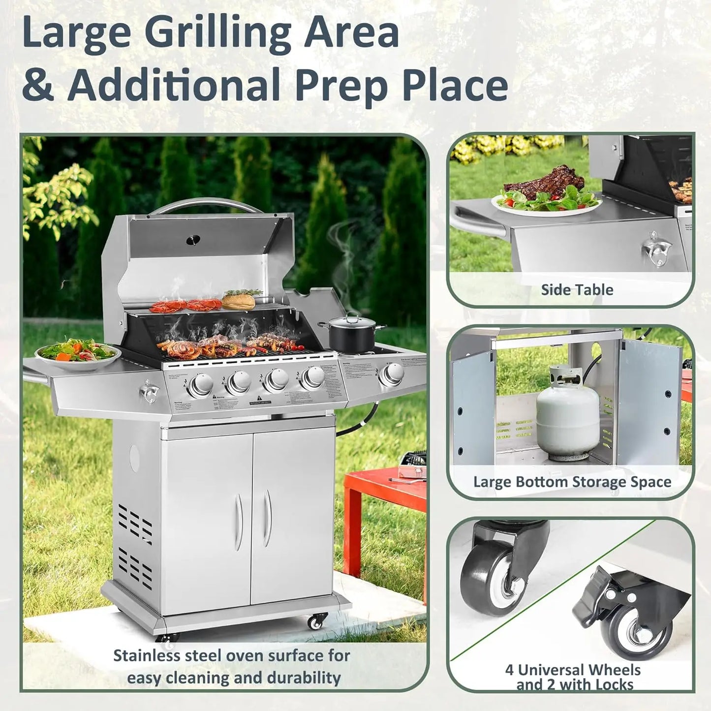 Propane Gas Grill 4 Burners with Side Burner, Stainless Steel Grill Cart with Wheels for Outdoor Patio Cooking
