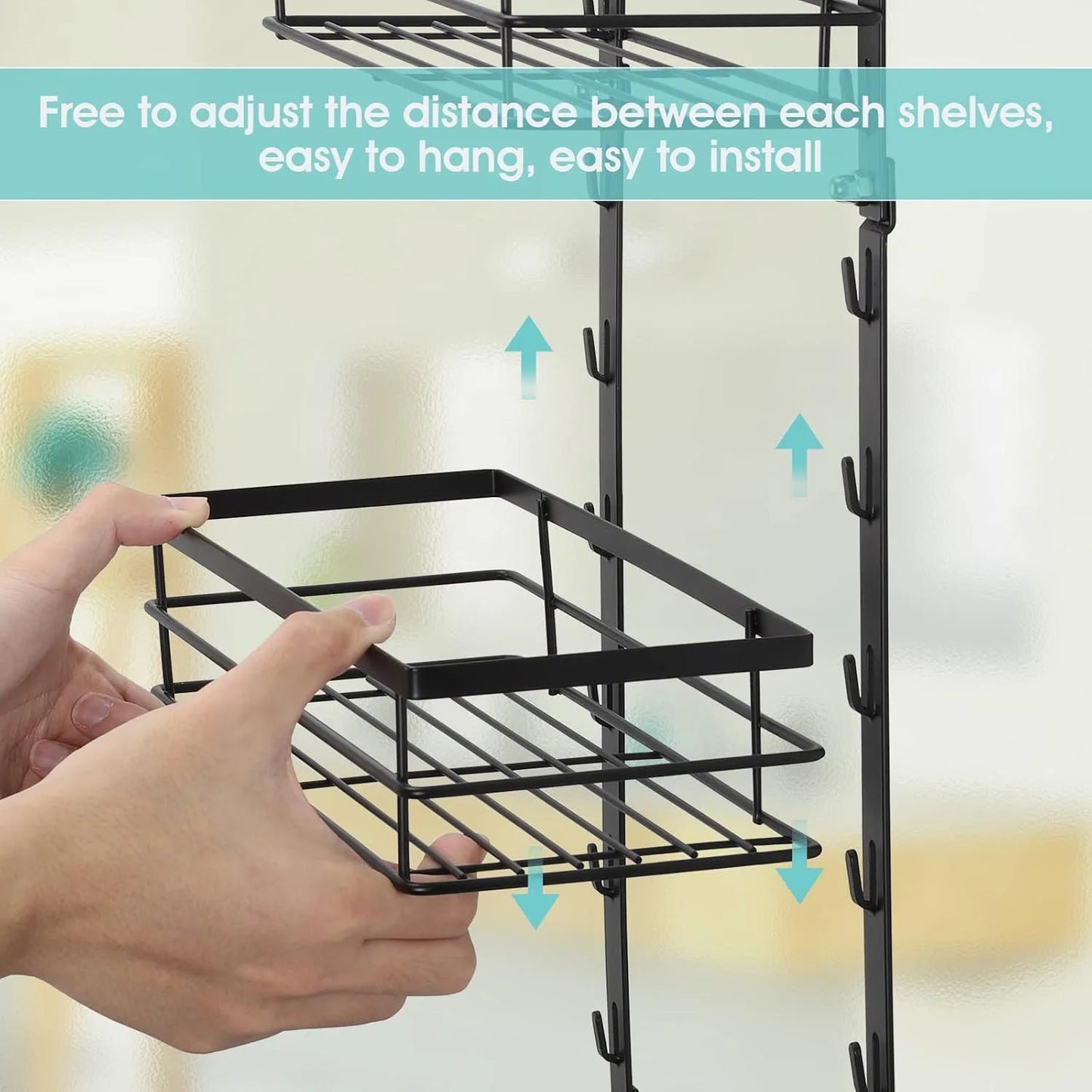 Over-Door Adjustable Rustproof Shower Caddy with Shelves & Hooks Shampoo & Soap Holder for Bathroom & Kitchen Storage - Black
