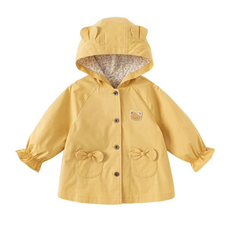 Girl's Single Breasted Trench Coat Spring Autumn Hooded Jacket Outerwear for Children Windbreaker