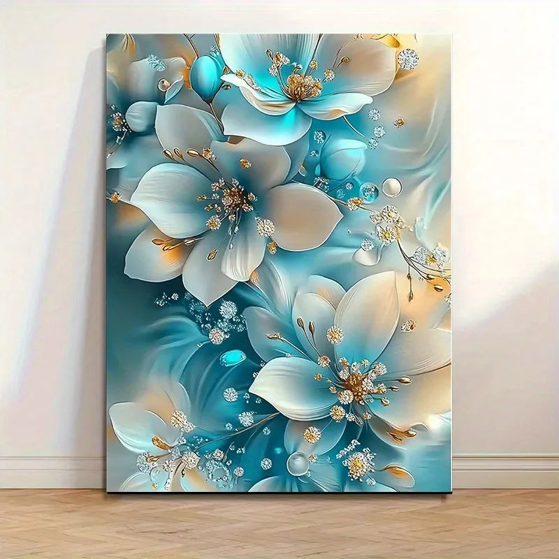 Elegant Oil Painting Artwork Framed Serene Blue and White Flowers with Gold Accents