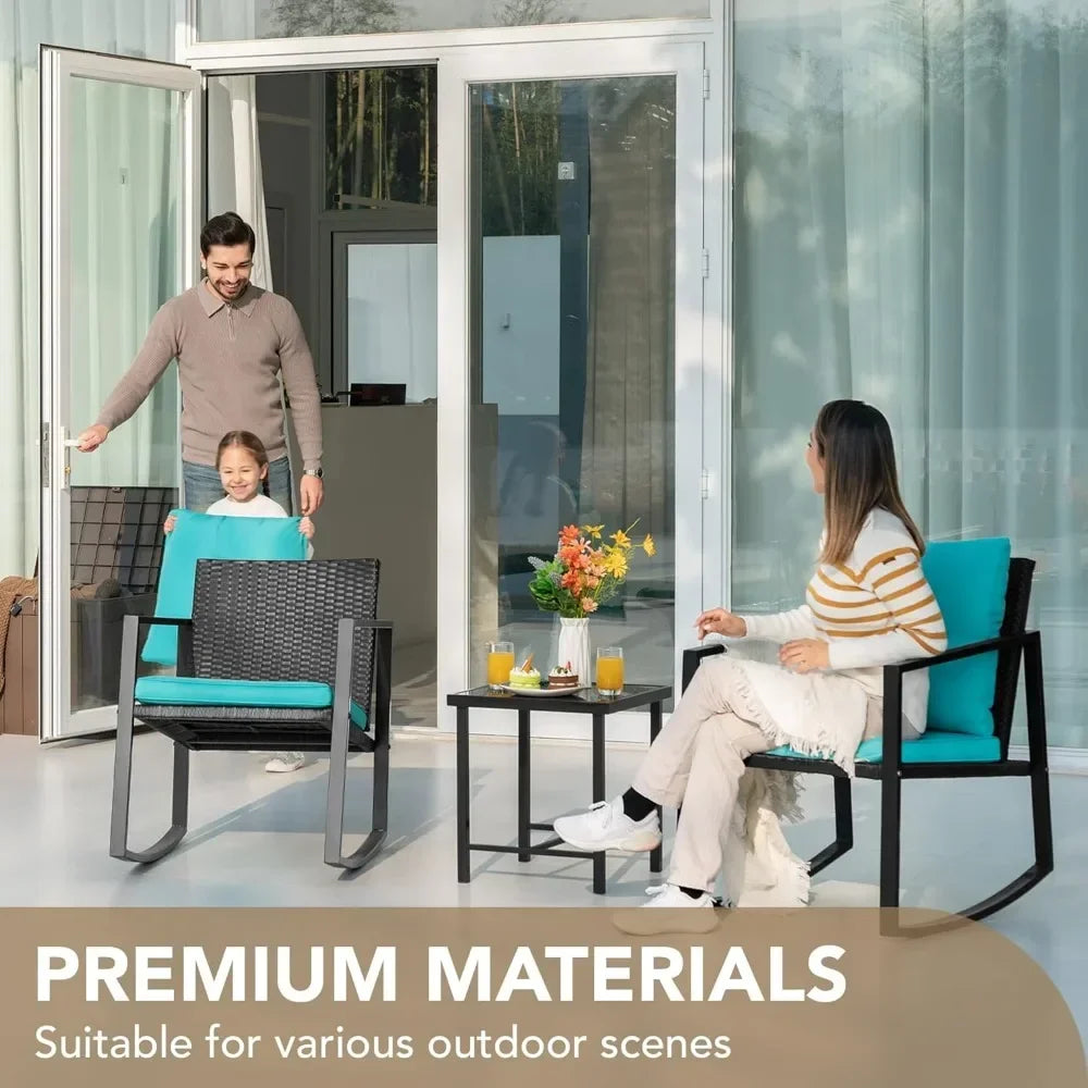 Rocking Bistro Set Patio Outdoor Furniture Porch Chairs Conversation Sets with Glass Coffee Table