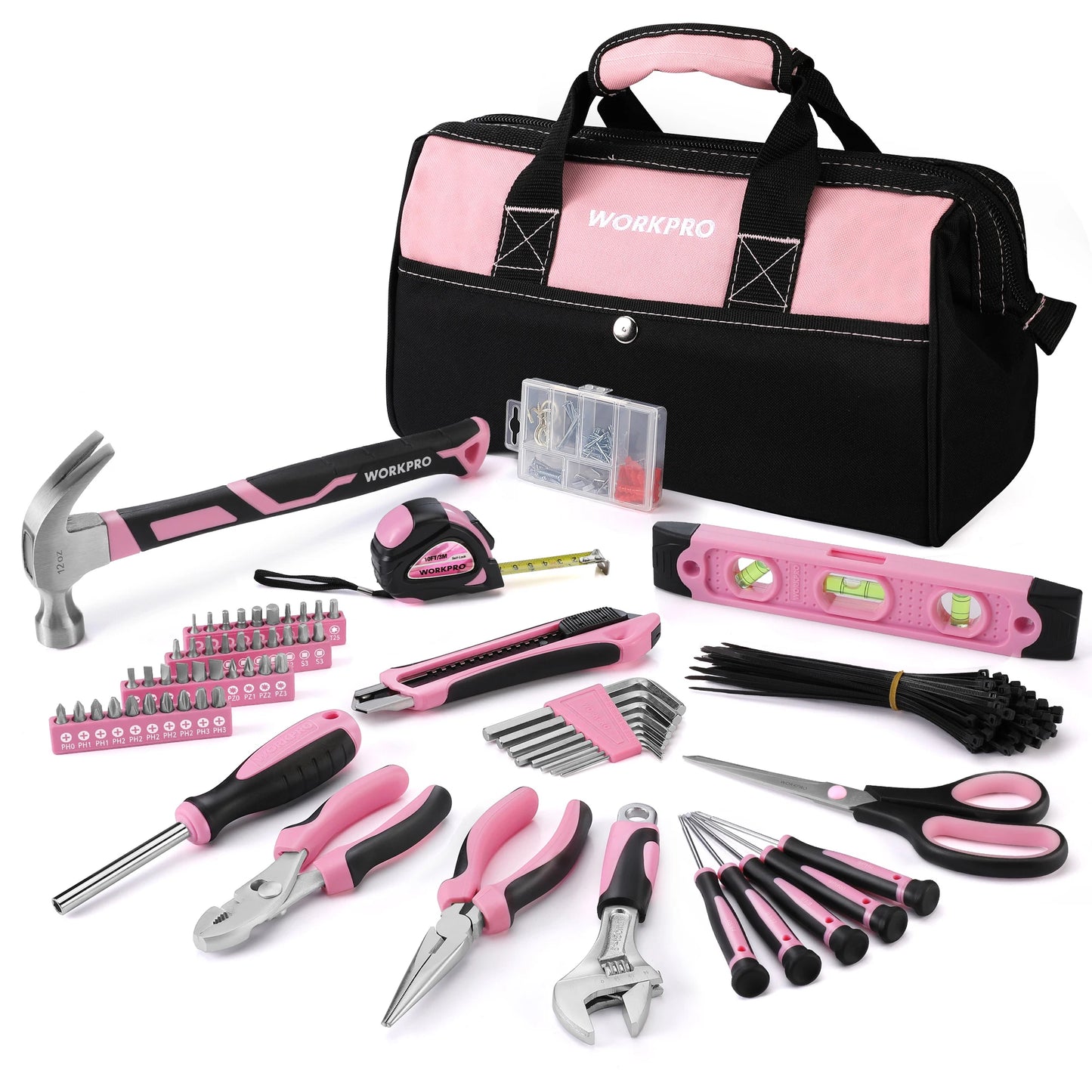 Pink Tool Kit, 263-Piece Home Repairing Tool Set with Wide Mouth Open Storage Bag, Household Tool Kit - Pink Ribbon