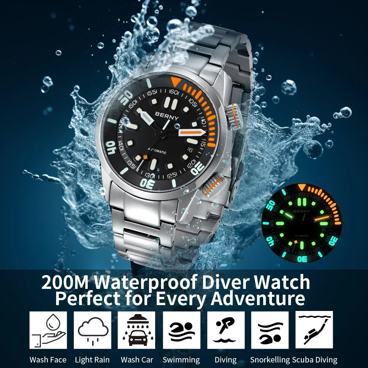 Automatic Dive Watch for Men Super Luminous Original Design 20ATM Diver Wristwatch Sapphire, Local Warehouse Fast Delivery