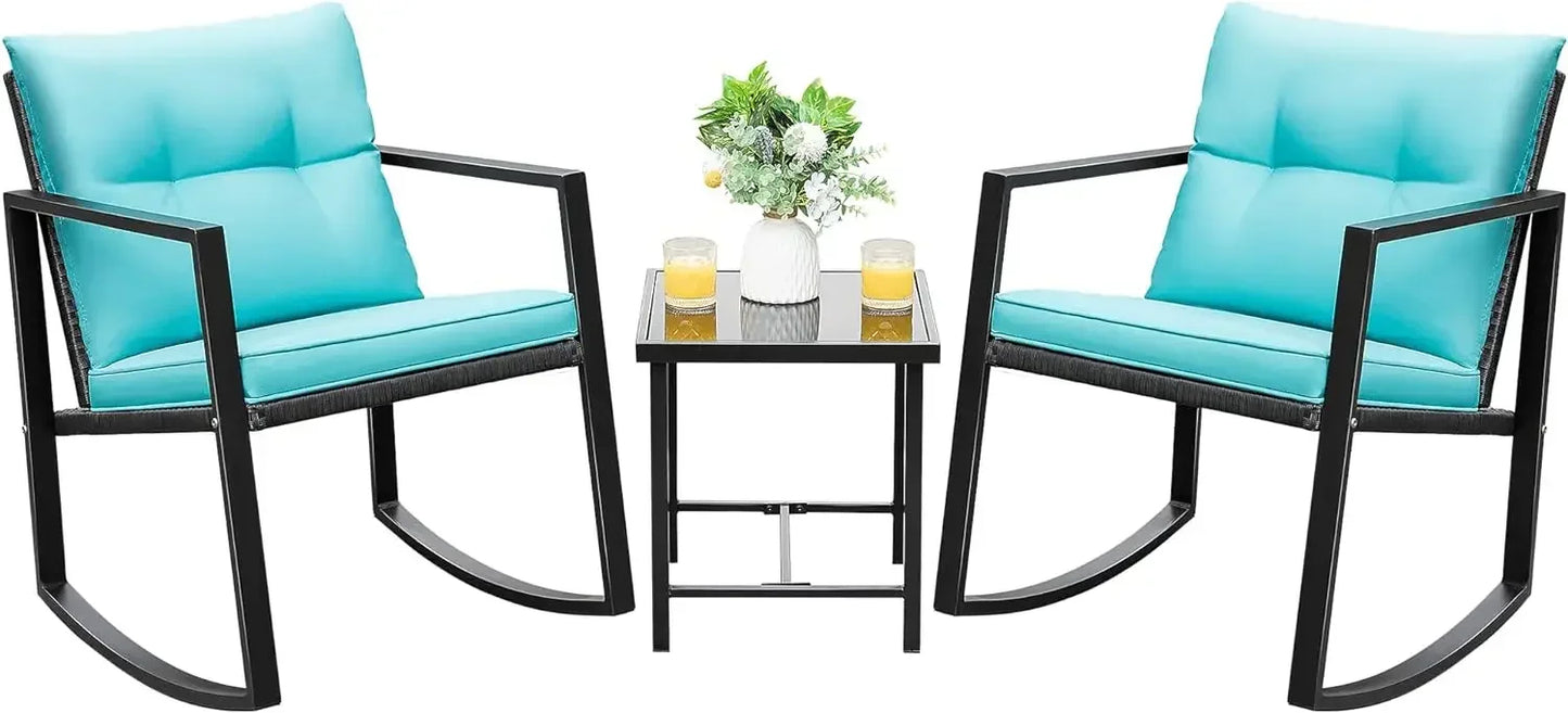 Rocking Bistro Set Patio Outdoor Furniture Porch Chairs Conversation Sets with Glass Coffee Table