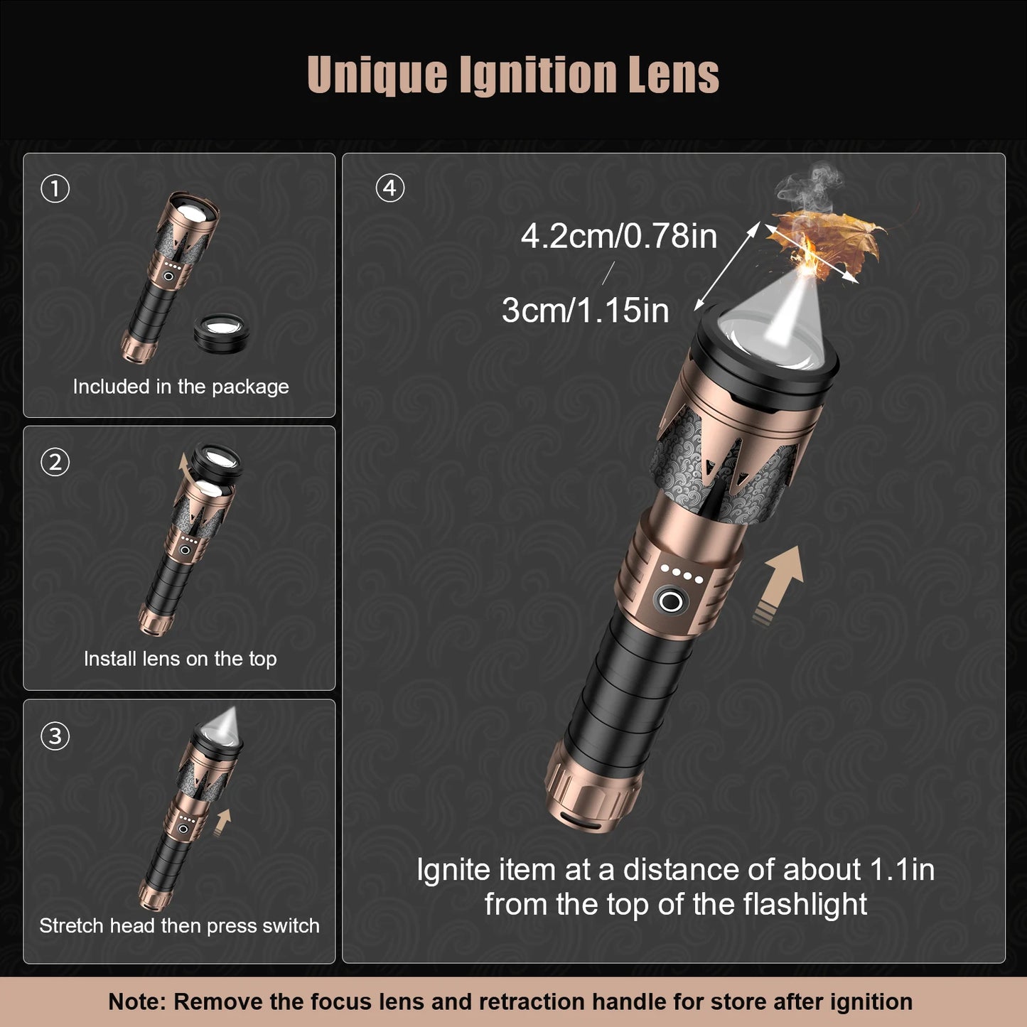 High-lumen LED flashlight with ignition lens, super bright outdoor tactical flashlight, zoom, five modes