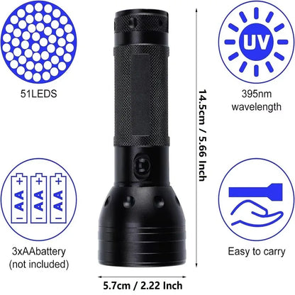 51 LED UV Flashlight Black Light - Portable flashlight for detecting pet urine, scorpions, and human body painting