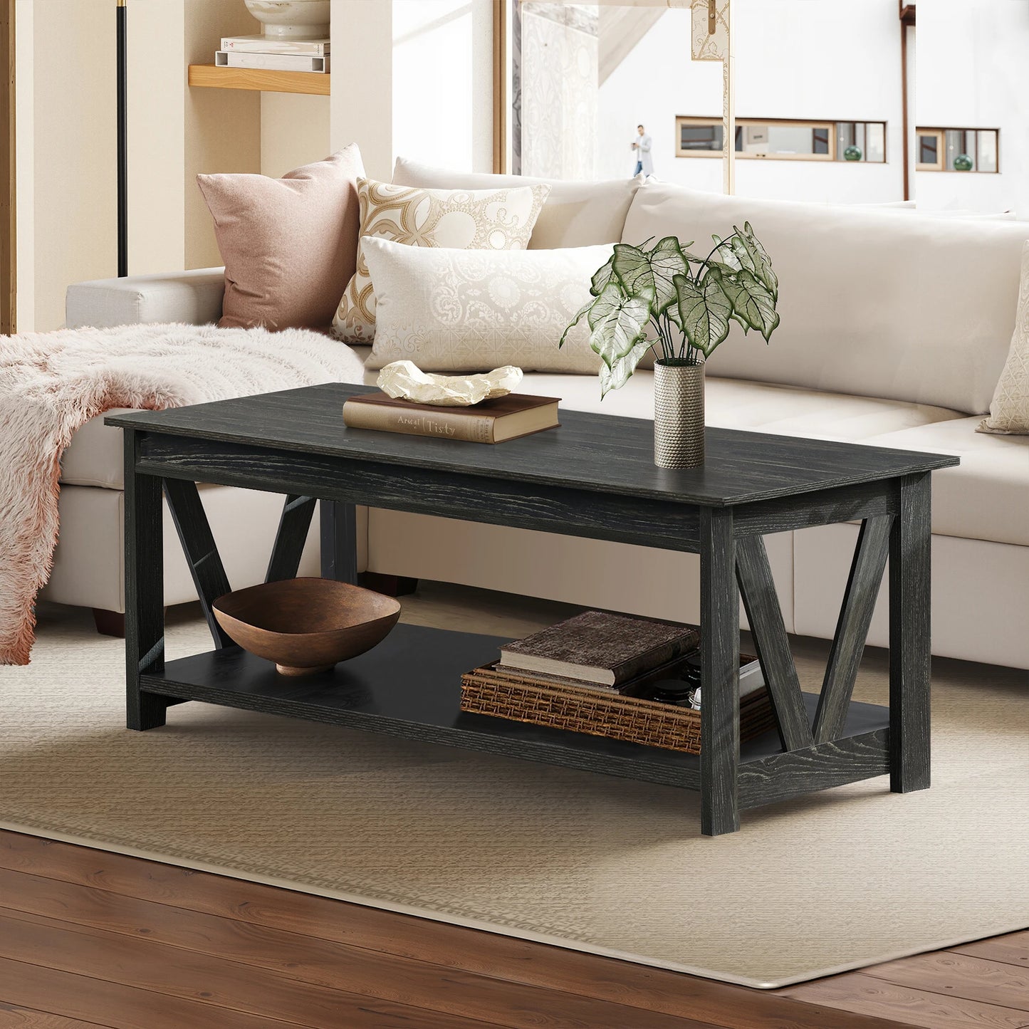 Coffee Table Storage Shelf Sturdy V Shaped Support Farmhouse Wood Center Table for Living Room Bedroom Office Balcony
