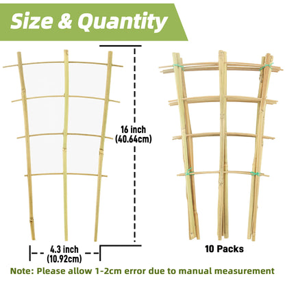 10 Pack Bamboo Trellis for Climbing Plants, 16 Inch Natural Garden Fan-shaped Plant Support Bracket,