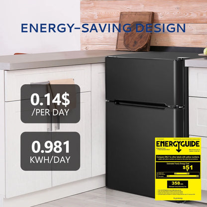Mini Fridge with Freezer, 3.15 Cu ft Two Door Compact Small Fridge Adjustable Removable Shelves, for Dorm, Office or Family room