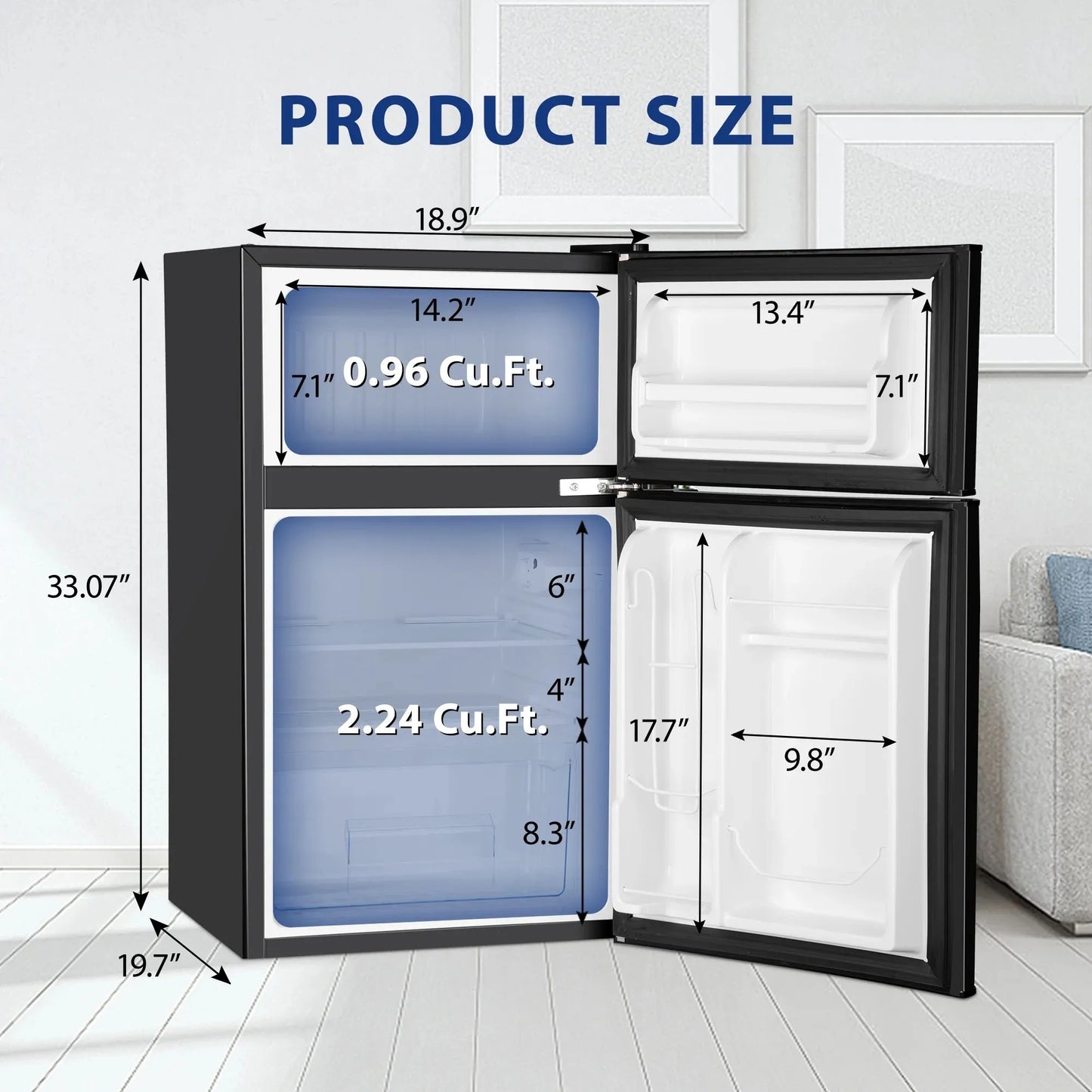Mini Fridge with Freezer, 3.15 Cu ft Two Door Compact Small Fridge Adjustable Removable Shelves, for Dorm, Office or Family room