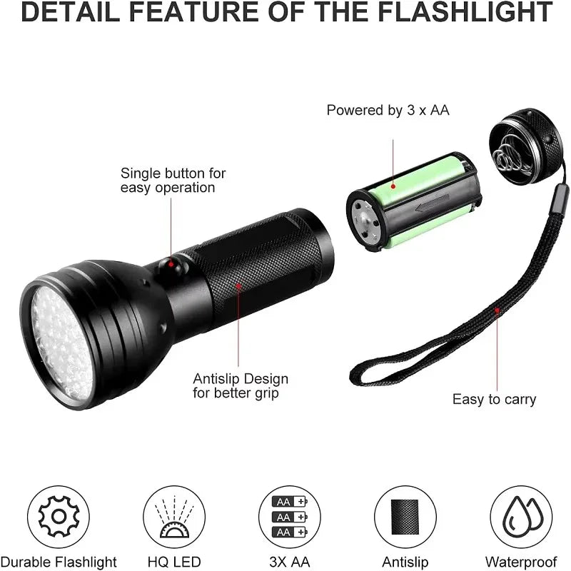 51 LED UV Flashlight Black Light - Portable flashlight for detecting pet urine, scorpions, and human body painting