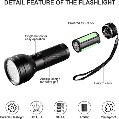 51 LED UV Flashlight Black Light - Portable flashlight for detecting pet urine, scorpions, and human body painting
