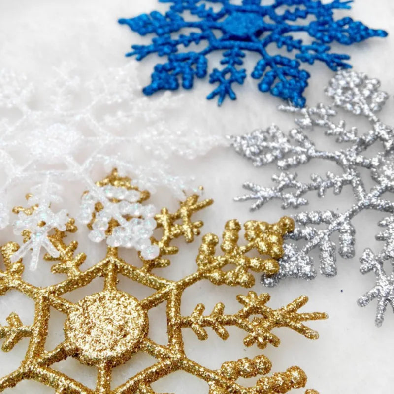 12Pcs/Set 10cm Plastic Gold Silver Glitter Powder Snowflake Xmas Ornaments Pendant Christmas Tree Decorative Hanging Snowflake