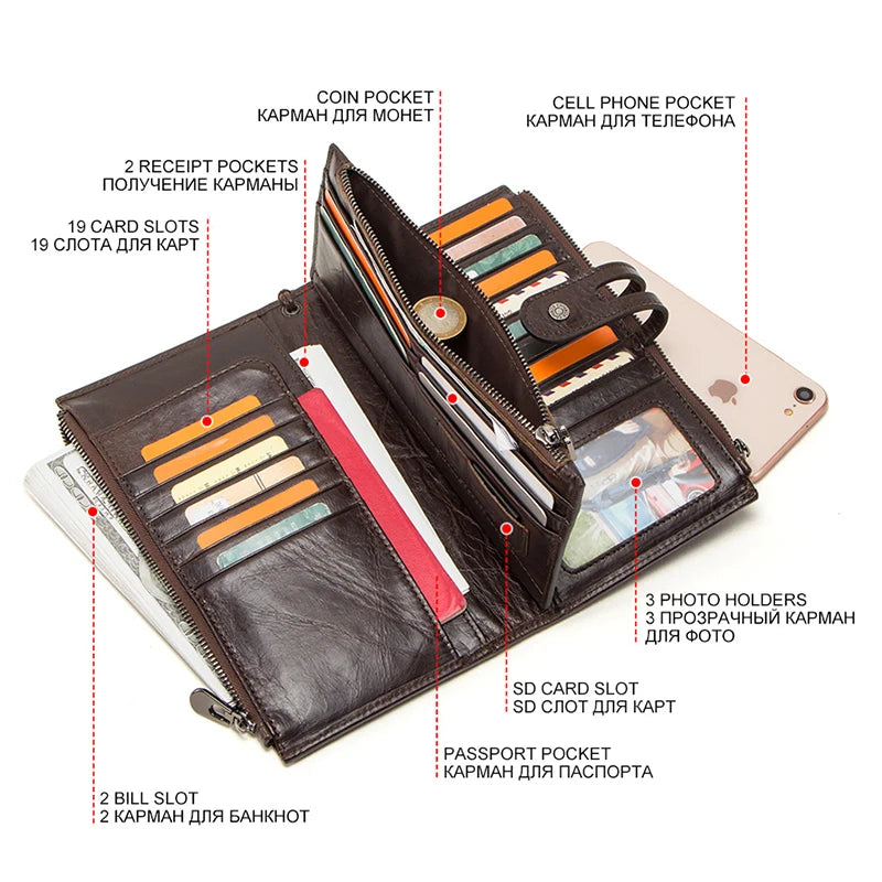 Genuine Leather Men Wallet Long Clutch Wallets for Cell Phone  Coin Purse Travel Money Bag Male Passport Holder