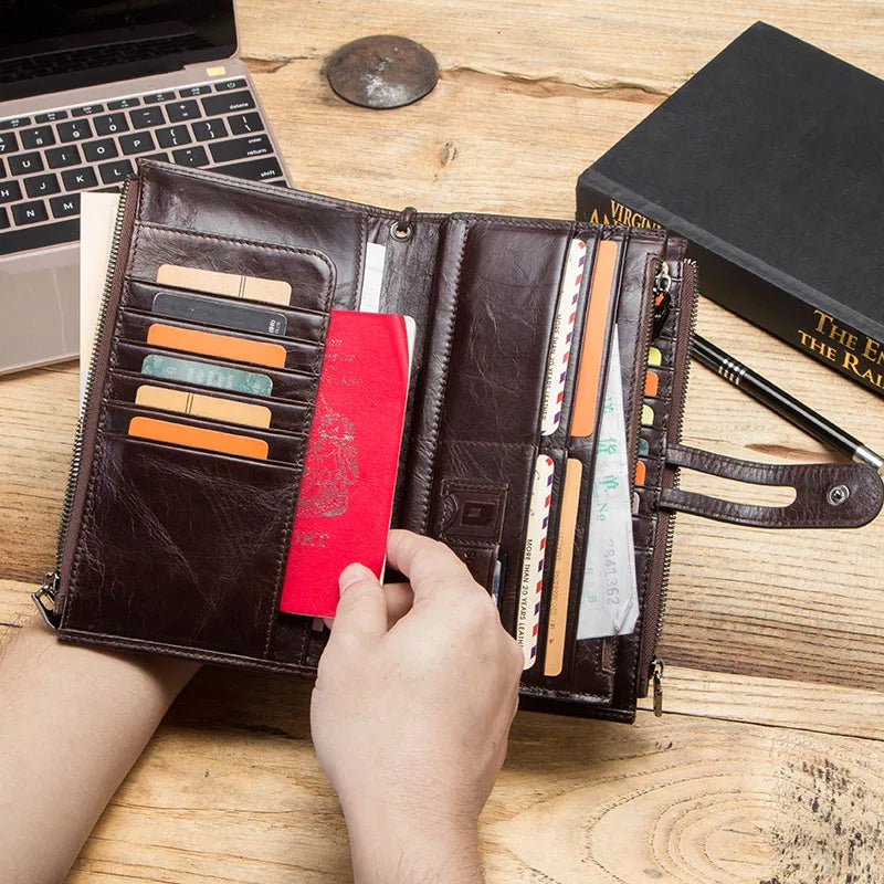 Genuine Leather Men Wallet Long Clutch Wallets for Cell Phone  Coin Purse Travel Money Bag Male Passport Holder