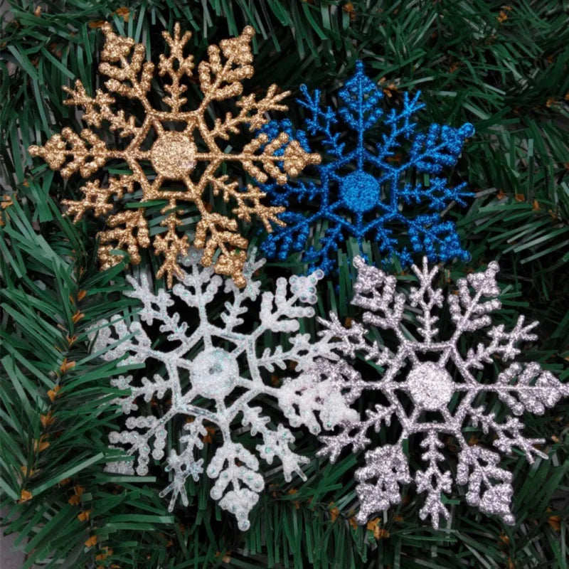 12Pcs/Set 10cm Plastic Gold Silver Glitter Powder Snowflake Xmas Ornaments Pendant Christmas Tree Decorative Hanging Snowflake