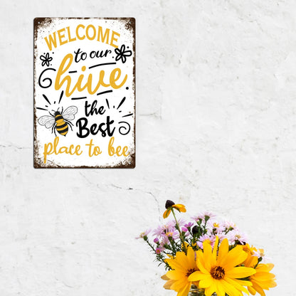 Welcome Metal Signs, Tin Plaque Painting Retro Bee Decoration Plate Iron Wall Art Decor for Home Bedroom Farm