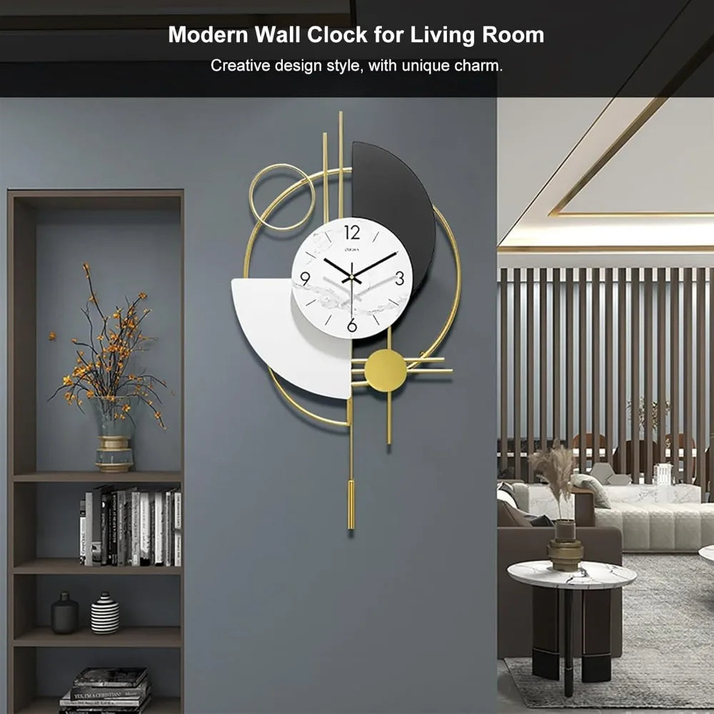 Modern 16.5 Inch Decorative 3D Round Wall Clock Gold Pendulum Geometric Mute Metal Digit