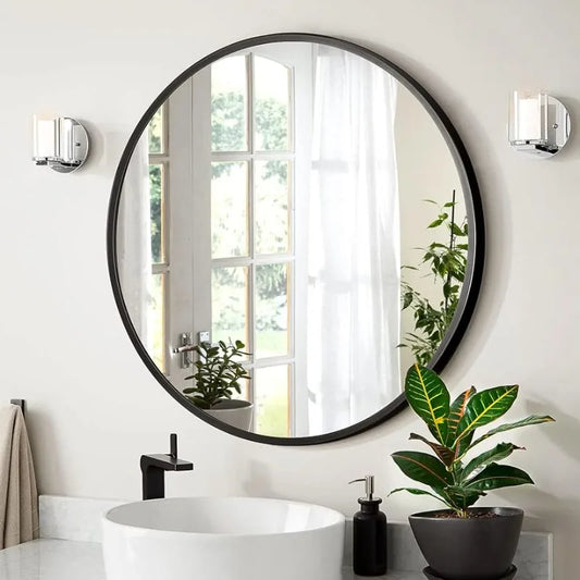 Black Round Mirror, Wall Mounted with Metal Frame