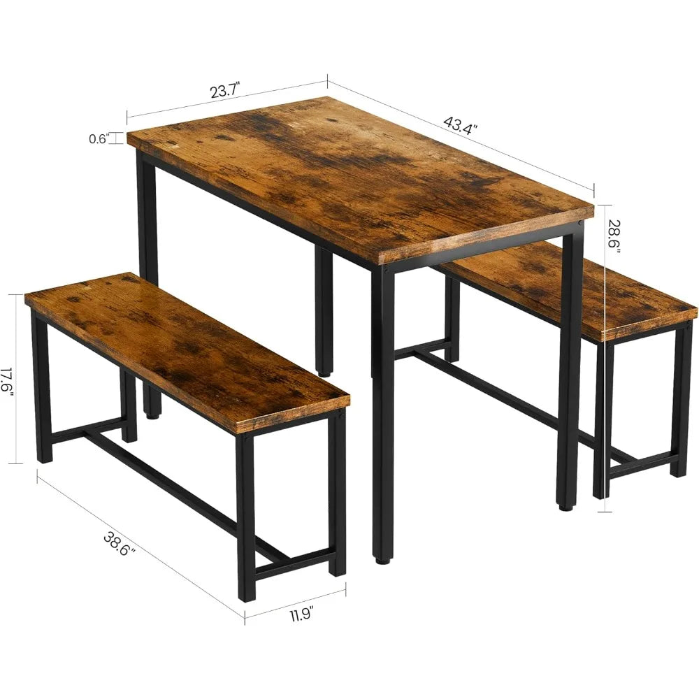 Dining Table Set for 4 Kitchen Table Set with 2 Dining Benches, 3 Piece Farmhouse Dining Room Table Set