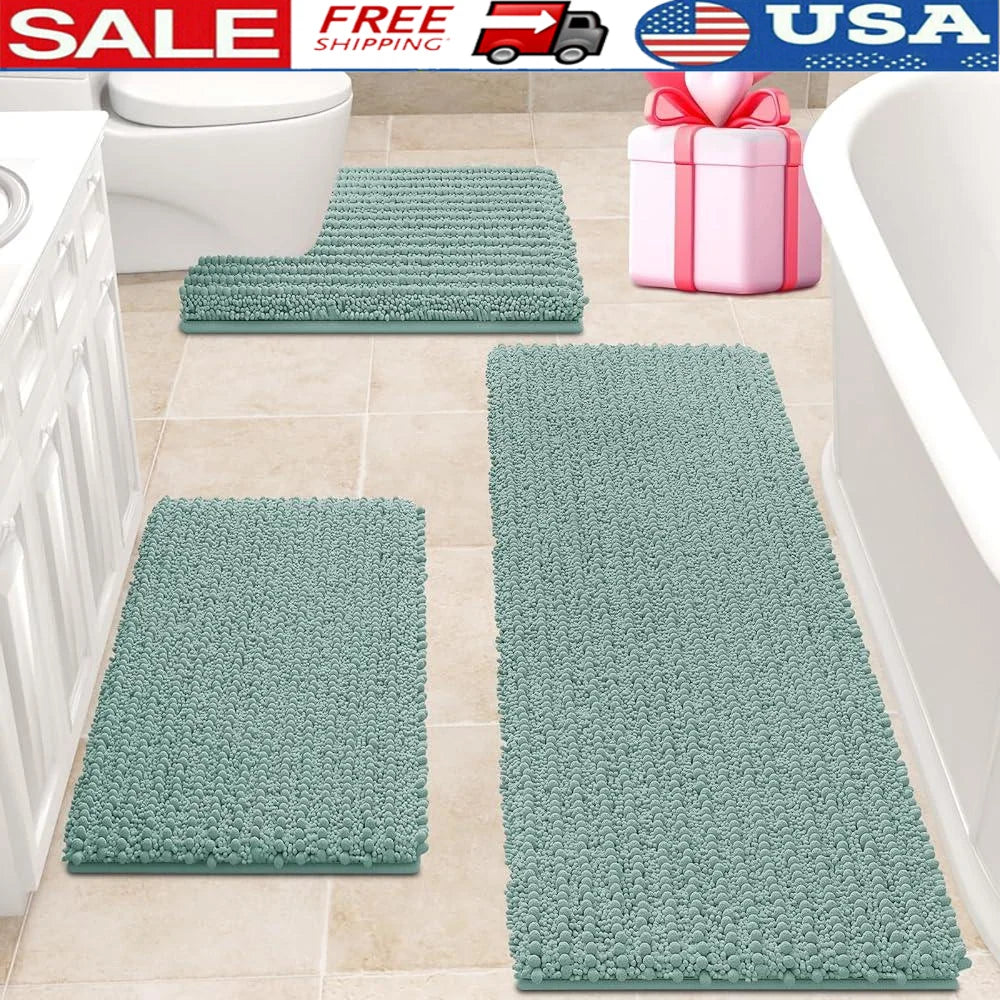 Ultra Soft Chenille Bathroom Rug Set Non Slip Absorbent Thick 3 Piece Toilet Mats Home Decor