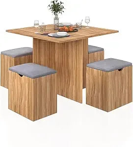 5-Piece All Purpose Table Set, Small Kitchen Table Set with 4 Stools Compact Space-Saving for Dining or Game Playing. Storage in Stools