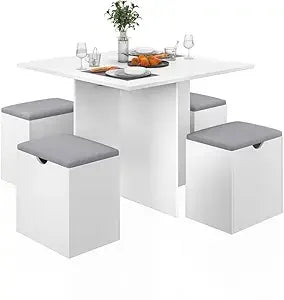 5-Piece All Purpose Table Set, Small Kitchen Table Set with 4 Stools Compact Space-Saving for Dining or Game Playing. Storage in Stools