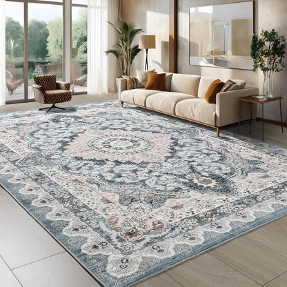 Area Rugs for most rooms in your home Machine Washable Vintage Rug, Non-Slip Low Pile Throw Rugs with Rubber Backing