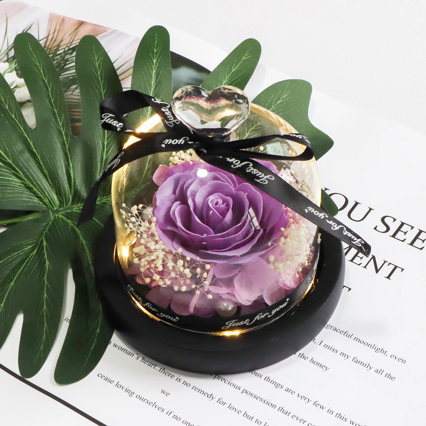 Purple Soap Rose in Glass Dome Artificial Flower With Light for Birthday, Valentines, Anniversary Gifts