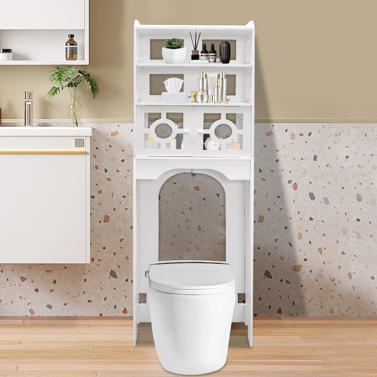 4 Tier Over the Toilet Storage Cabinet Bathroom Organizer Waterproof Raised Leg Smooth Edge Large Capacity/Easy to Install