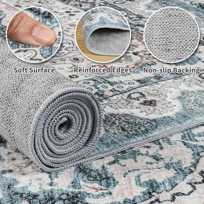 Area Rugs for most rooms in your home Machine Washable Vintage Rug, Non-Slip Low Pile Throw Rugs with Rubber Backing