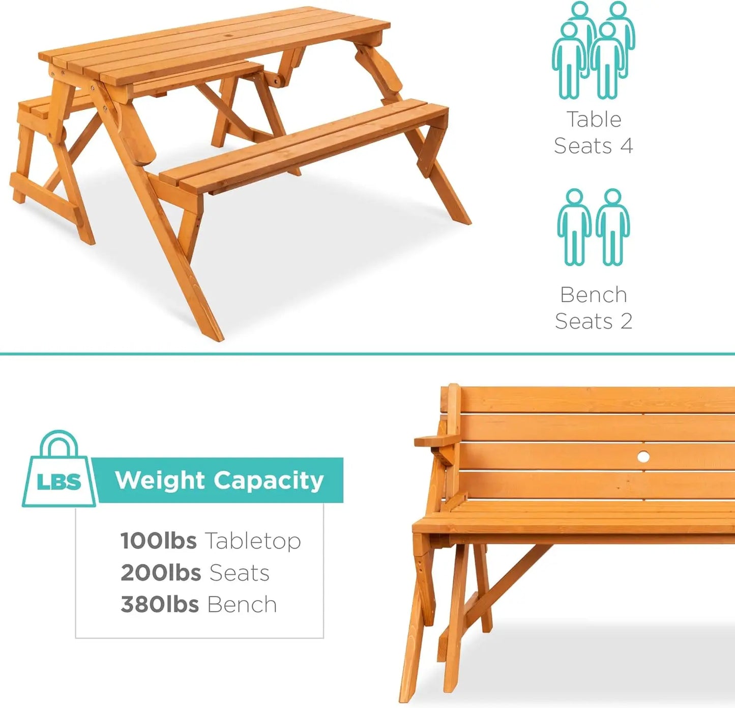 2-in-1 Transforming Interchangeable Outdoor Wooden Picnic Table and Garden Bench for Backyard, Porch, Patio, Deck w/Umbrella Hole