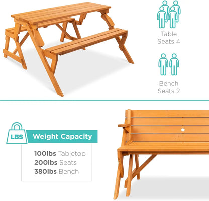 2-in-1 Transforming Interchangeable Outdoor Wooden Picnic Table and Garden Bench for Backyard, Porch, Patio, Deck w/Umbrella Hole